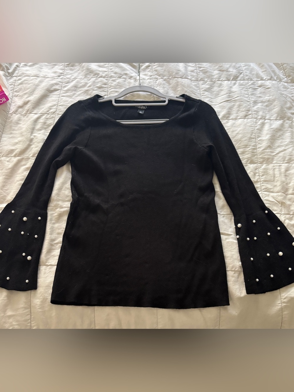 Roz & Ali Black Long Sleeve Scoop Neck Top with Pearl Buttons